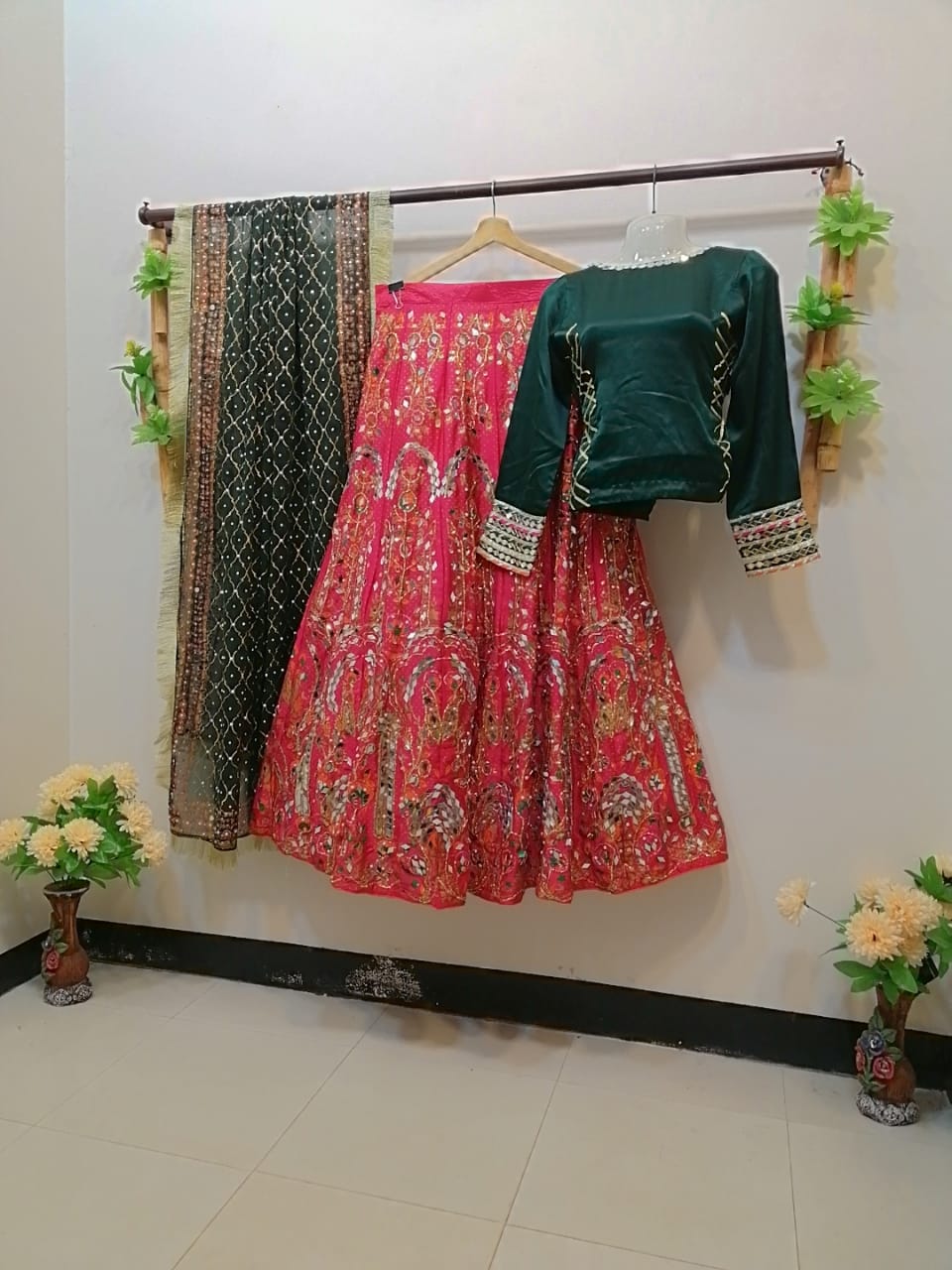 Green choli pink lengha